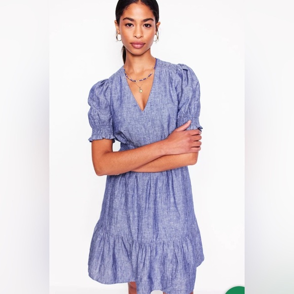 Boden Blue Anna Linen Tiered Dress Puff Ruffle Sleeves Size 10 Fit & Flare - Picture 8 of 15